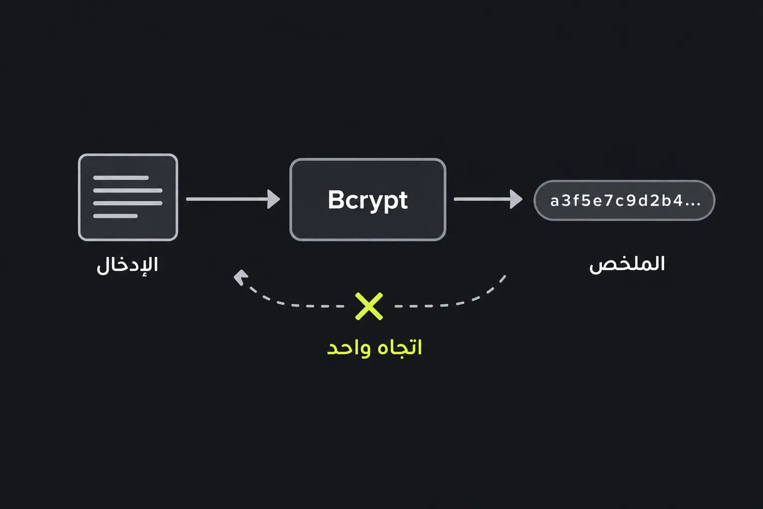 رسم توضيحي: يمر نص الإدخال عبر دالة Bcrypt فينتج ملخصًا ثابت الطول لا يمكن عكسه