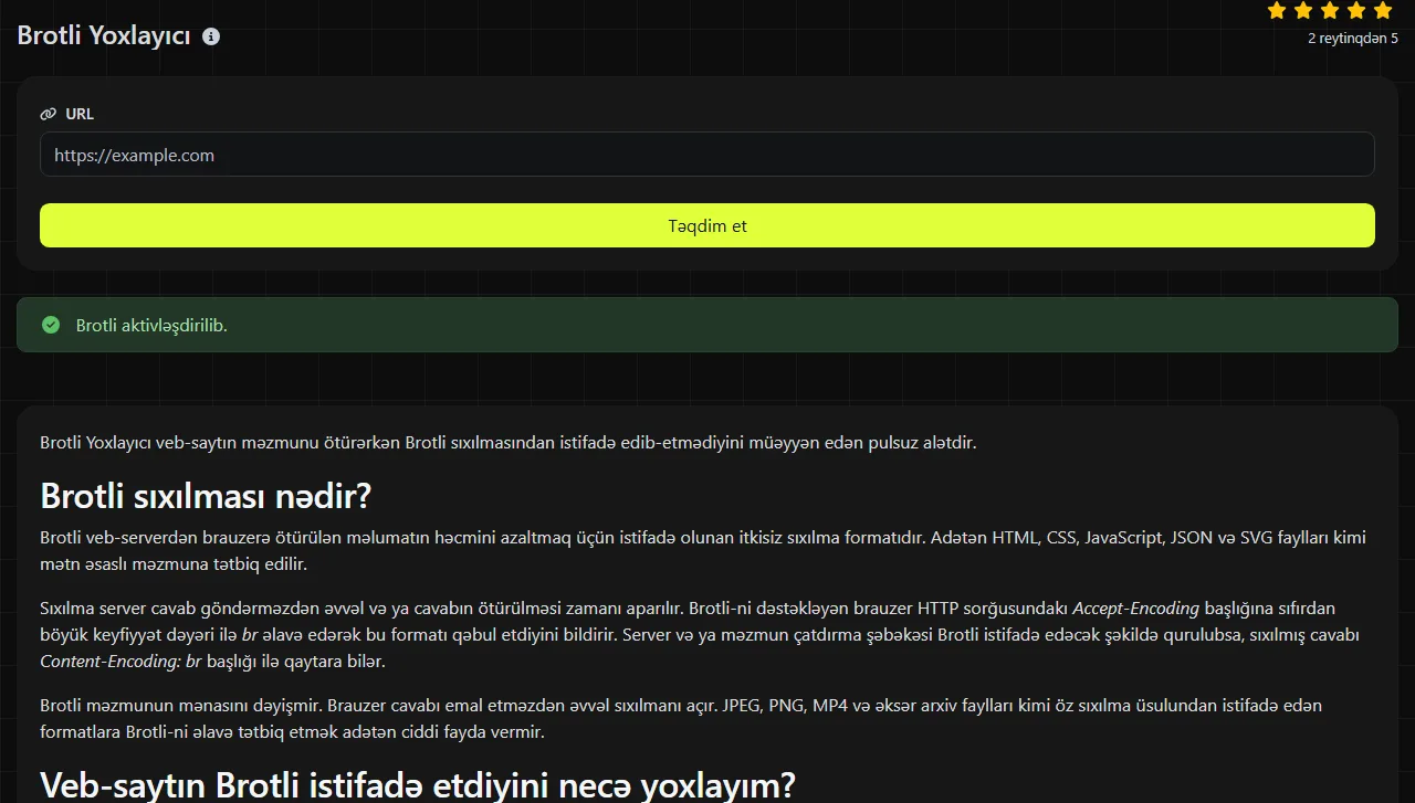 Brotli Yoxlayıcı alətinin yaratdığı nümunə nəticə