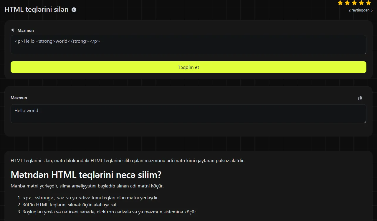 HTML teqlərini silən alətinin yaratdığı nümunə nəticə