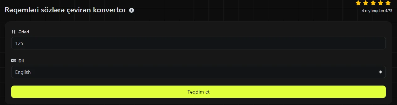 digily.link üzərindəki Rəqəmləri sözlərə çevirən konvertor aləti və onun daxiletmə forması