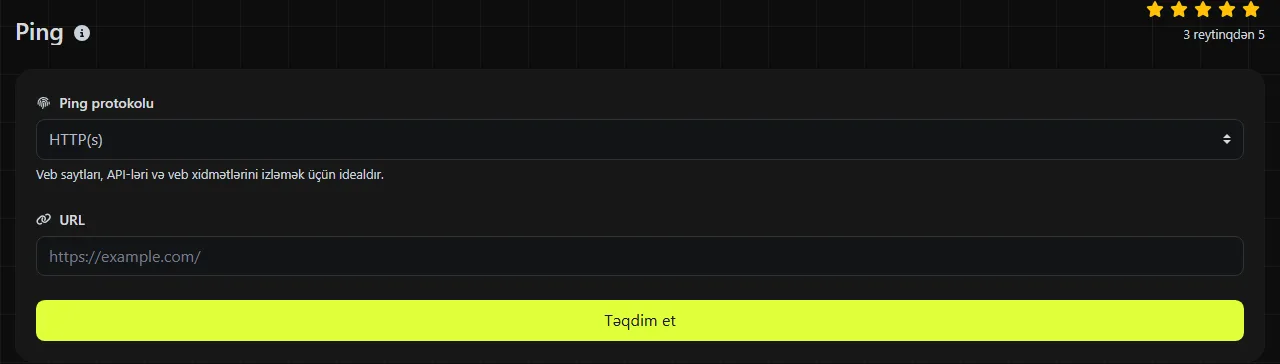 digily.link üzərindəki Ping aləti və onun daxiletmə forması