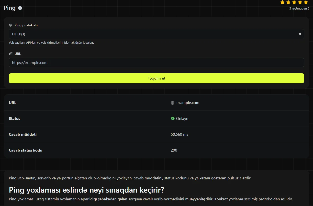 Ping alətinin yaratdığı nümunə nəticə