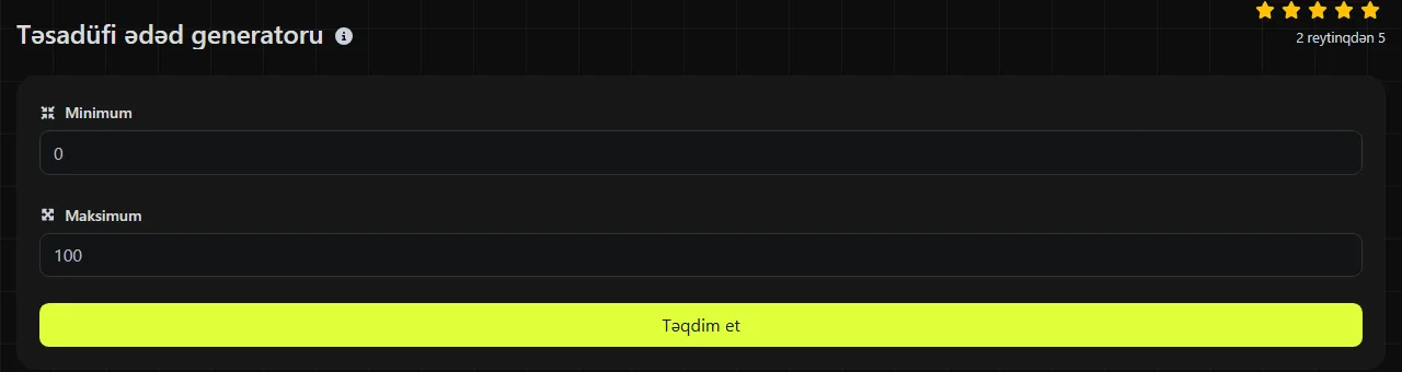 digily.link üzərindəki Təsadüfi ədəd generatoru aləti və onun daxiletmə forması