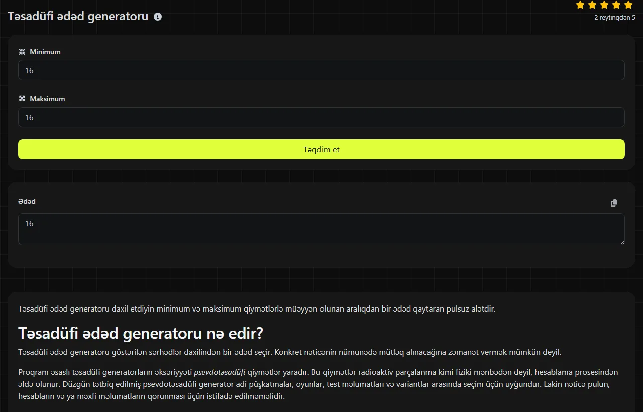 Təsadüfi ədəd generatoru alətinin yaratdığı nümunə nəticə