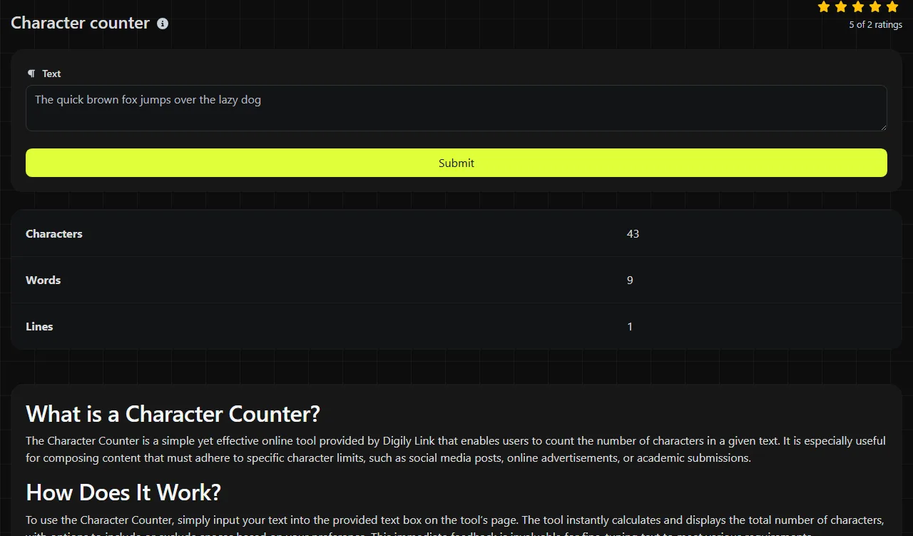 Example result produced by the Character counter tool