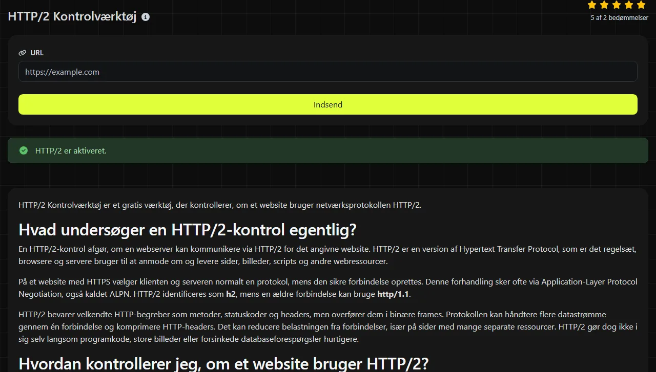 Eksempel på et resultat fra værktøjet HTTP/2 Kontrolværktøj