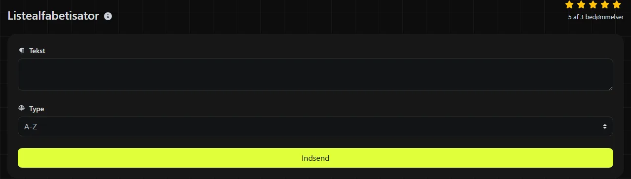 Værktøjet Listealfabetisator på digily.link med dets inputformular