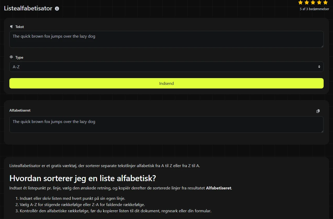 Eksempel på et resultat fra værktøjet Listealfabetisator