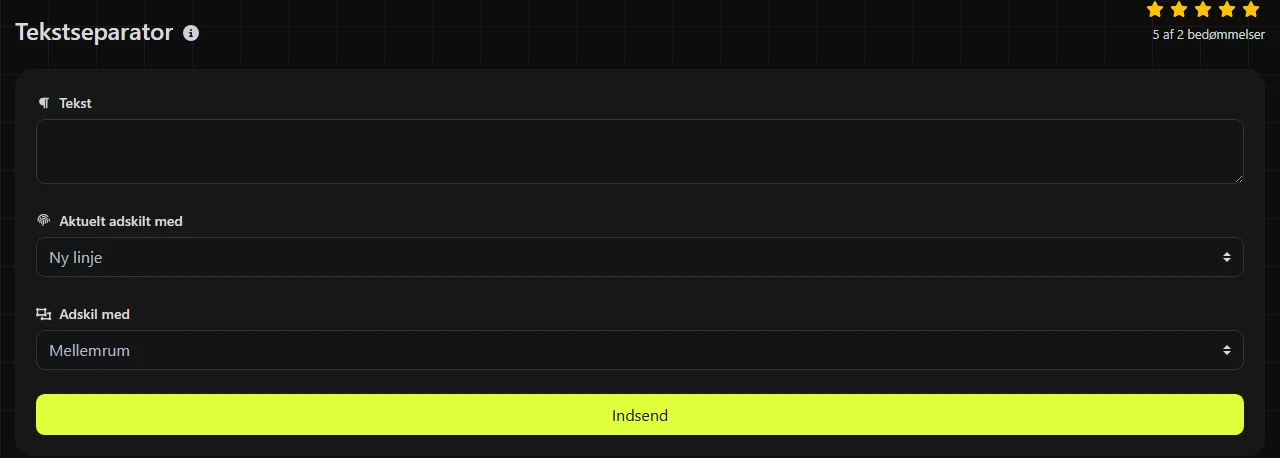 Værktøjet Tekstseparator på digily.link med dets inputformular