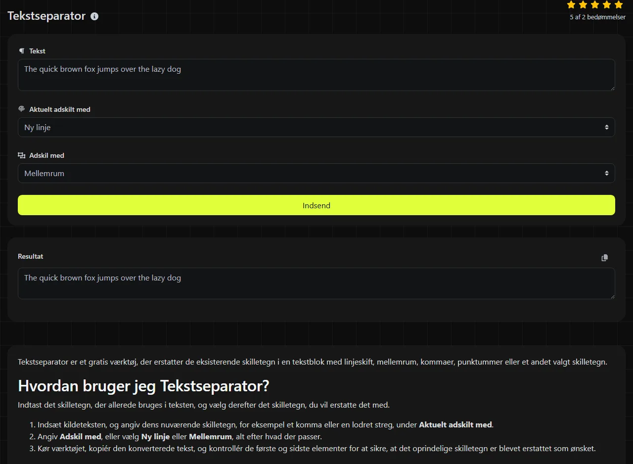 Eksempel på et resultat fra værktøjet Tekstseparator