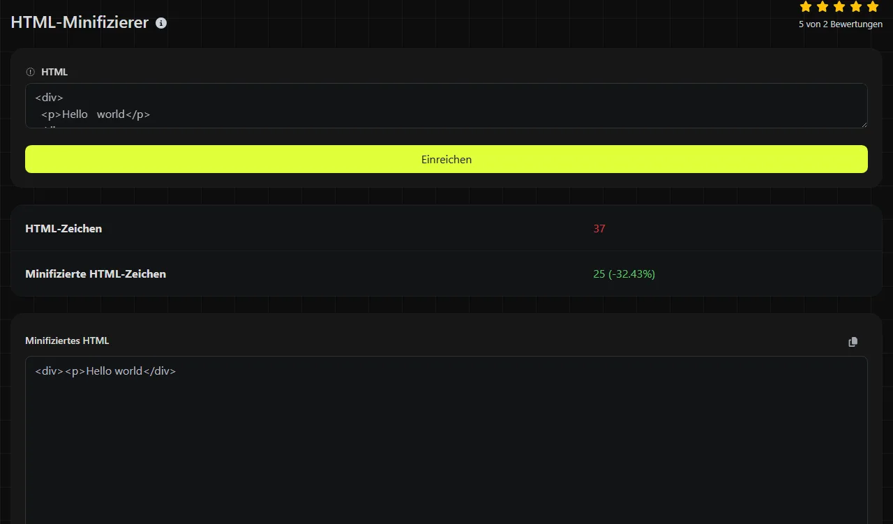 Beispielergebnis des Tools HTML-Minifizierer