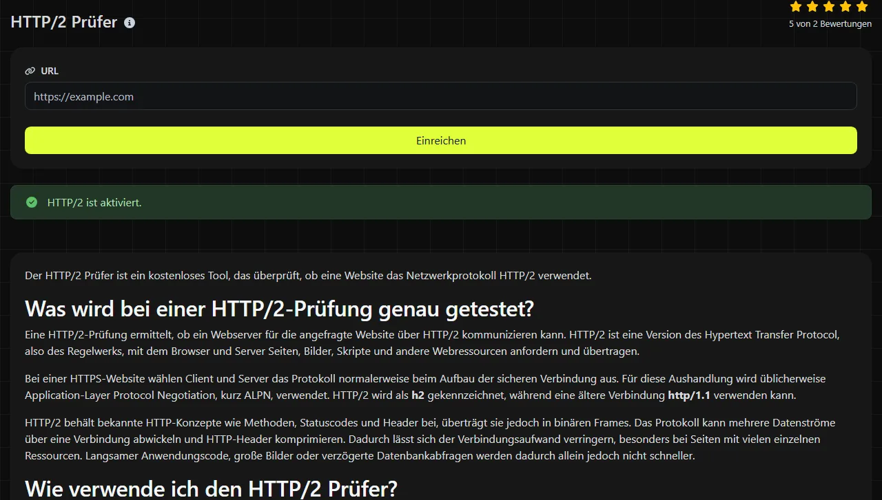 Beispielergebnis des Tools HTTP/2 Prüfer