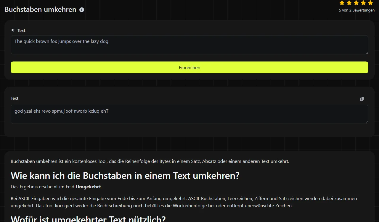 Beispielergebnis des Tools Buchstaben umkehren