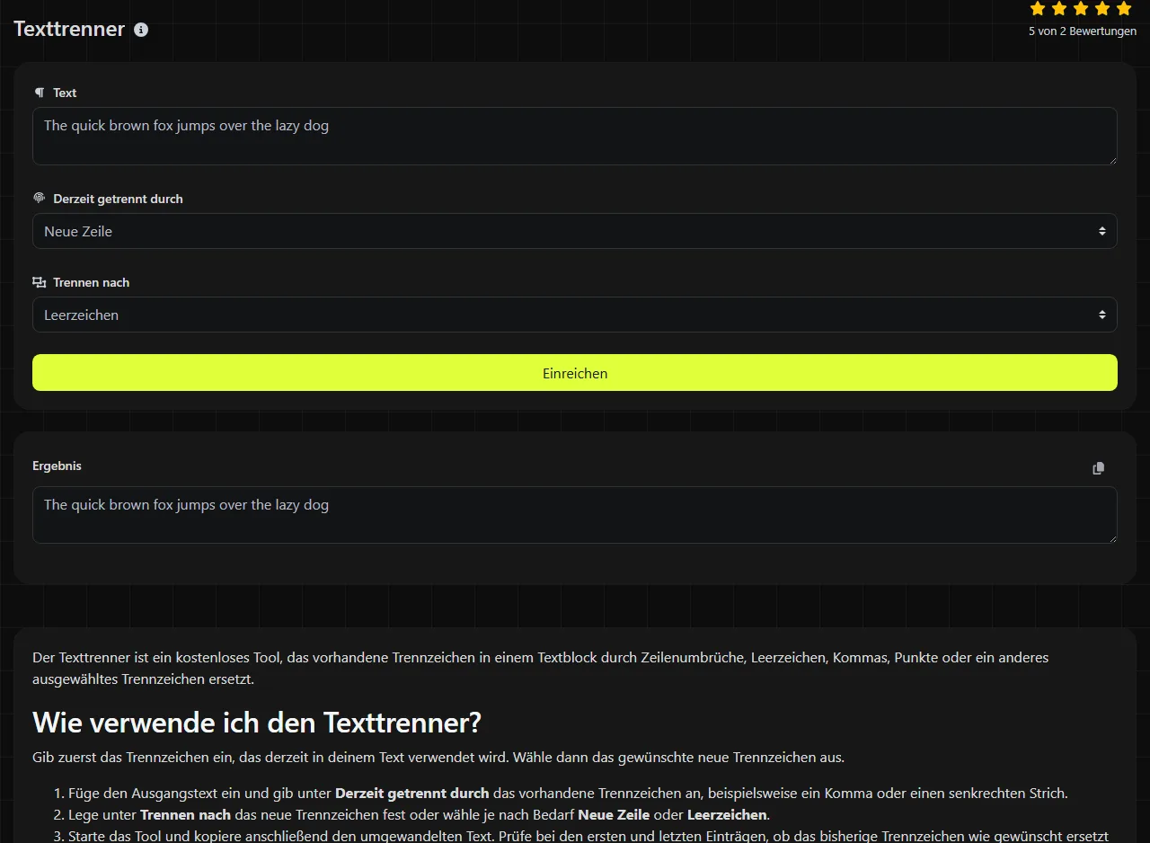 Beispielergebnis des Tools Texttrenner