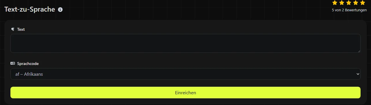 Das Tool Text-zu-Sprache auf digily.link mit seinem Eingabeformular