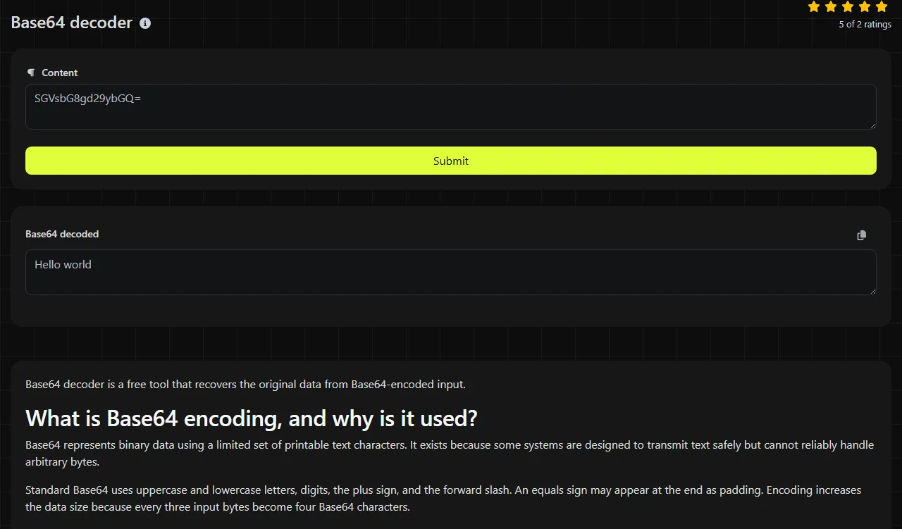 Example result produced by the Base64 decoder tool