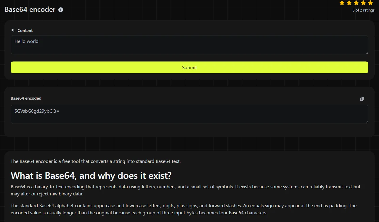 Example result produced by the Base64 encoder tool