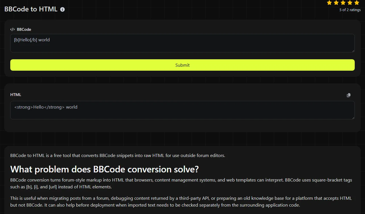 Example result produced by the BBCode to HTML tool