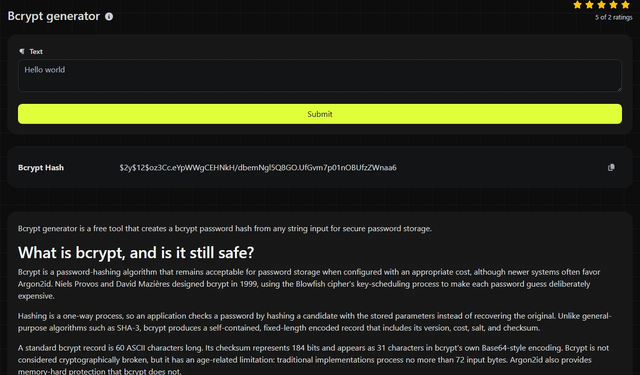 Example result produced by the Bcrypt generator tool