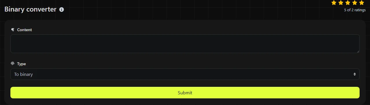 The Binary converter tool on digily.link, showing its input form