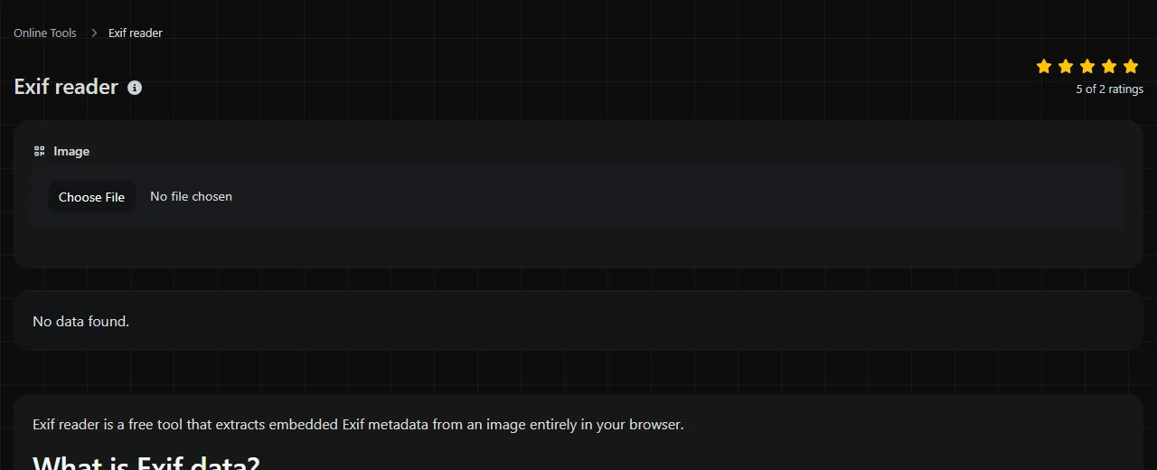 The Exif reader tool on digily.link, showing its input form