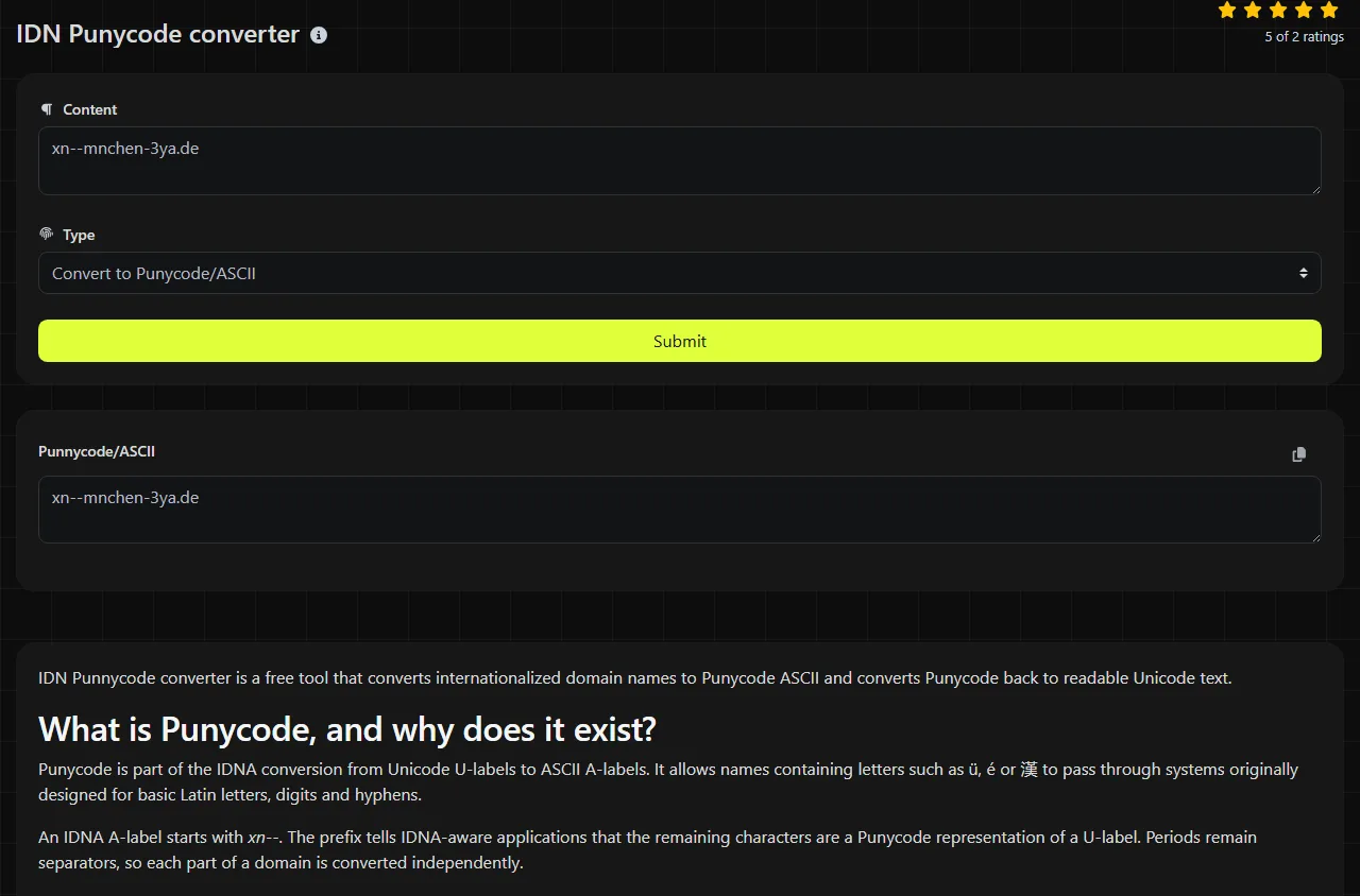 Example result produced by the IDN Punycode converter tool