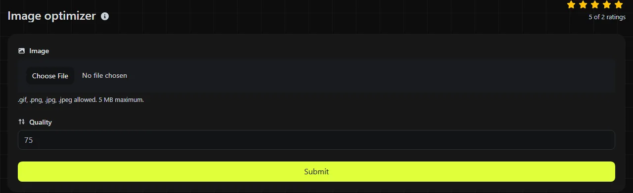 The Image optimizer tool on digily.link, showing its input form