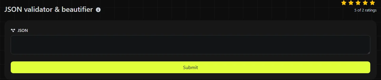 The JSON validator & beautifier tool on digily.link, showing its input form