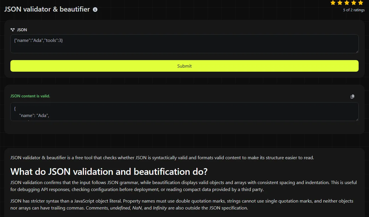 Example result produced by the JSON validator & beautifier tool