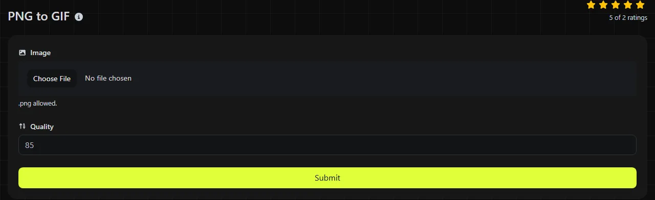 The PNG to GIF tool on digily.link, showing its input form