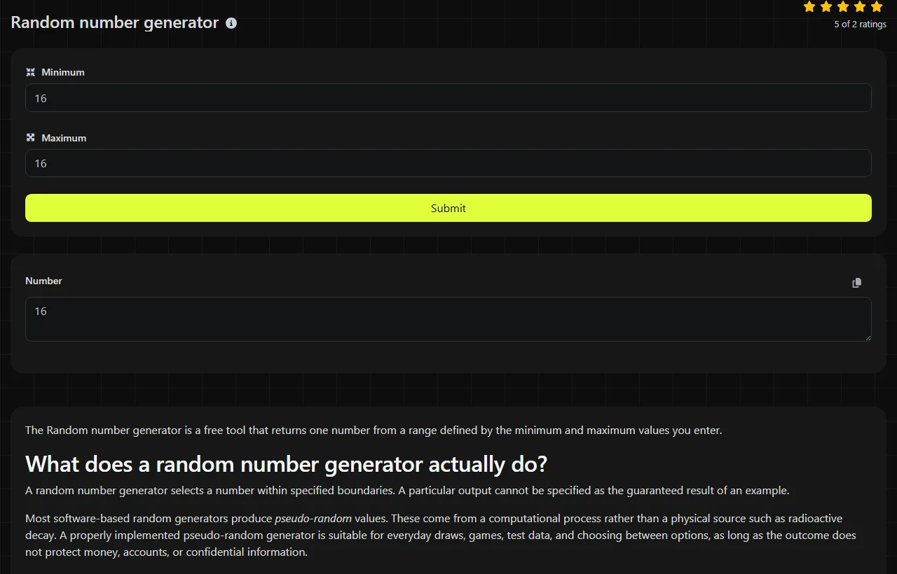 Example result produced by the Random number generator tool
