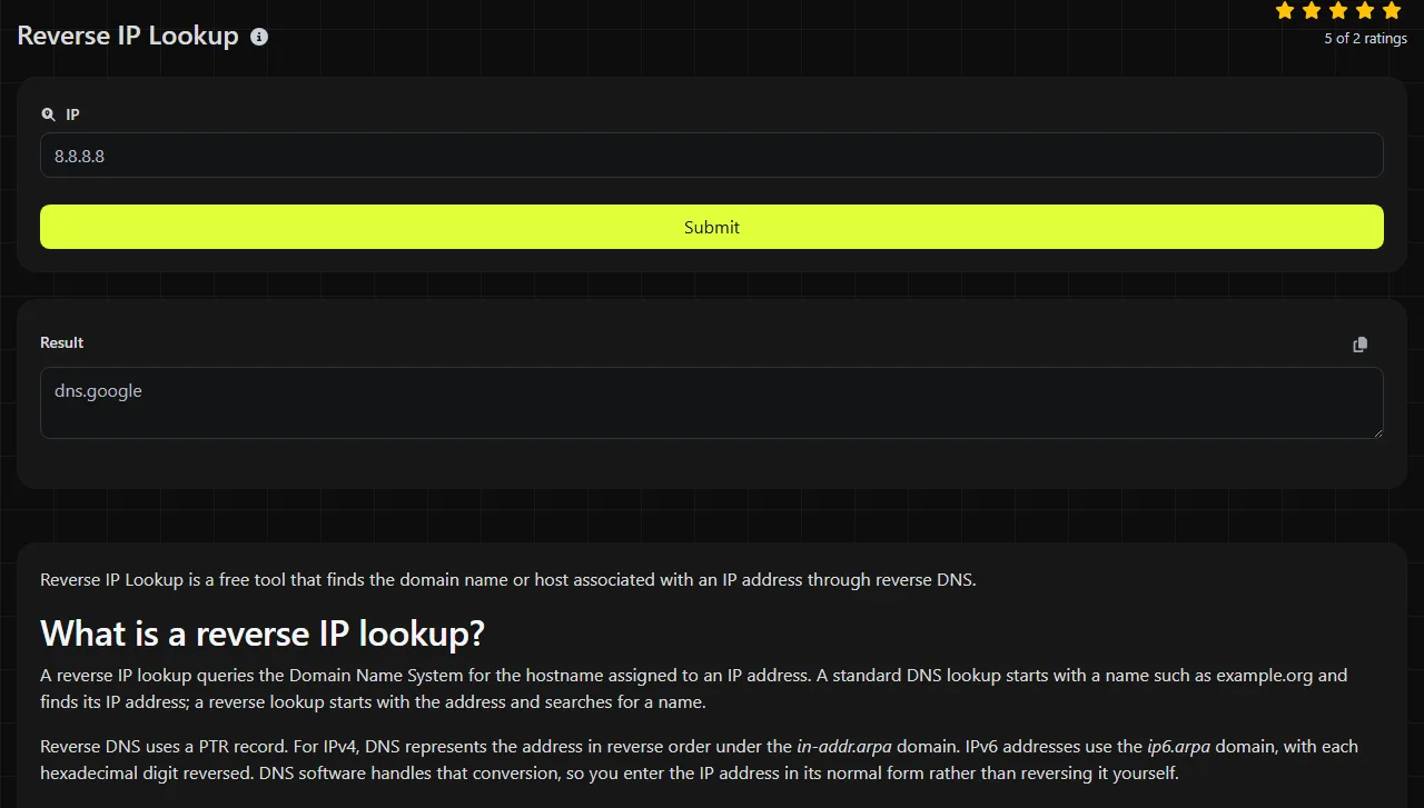 Example result produced by the Reverse IP Lookup tool