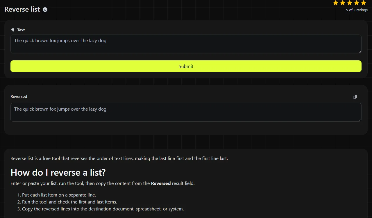 Example result produced by the Reverse list tool