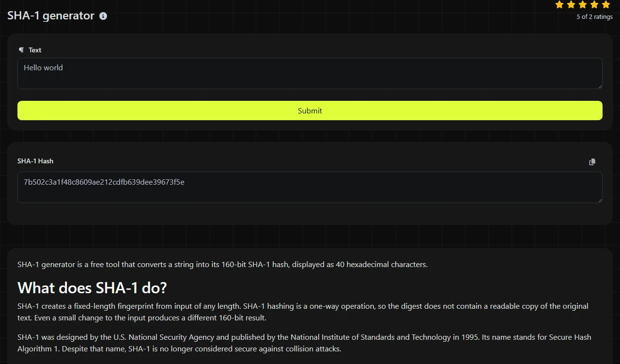 Example result produced by the SHA-1 generator tool