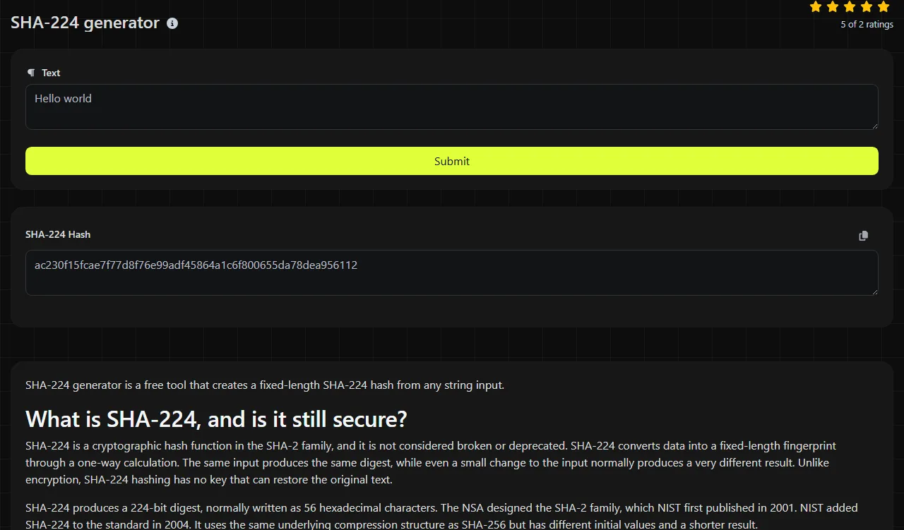 Example result produced by the SHA-224 generator tool