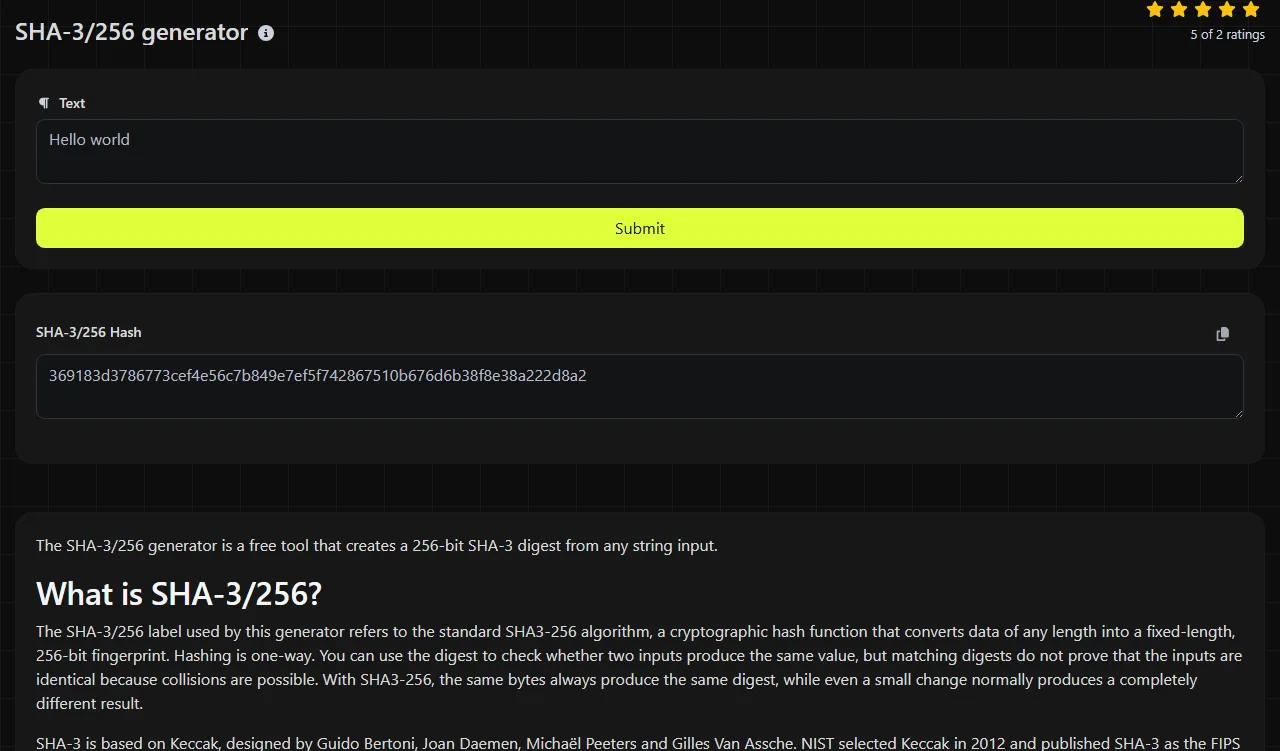 Example result produced by the SHA-3/256 generator tool