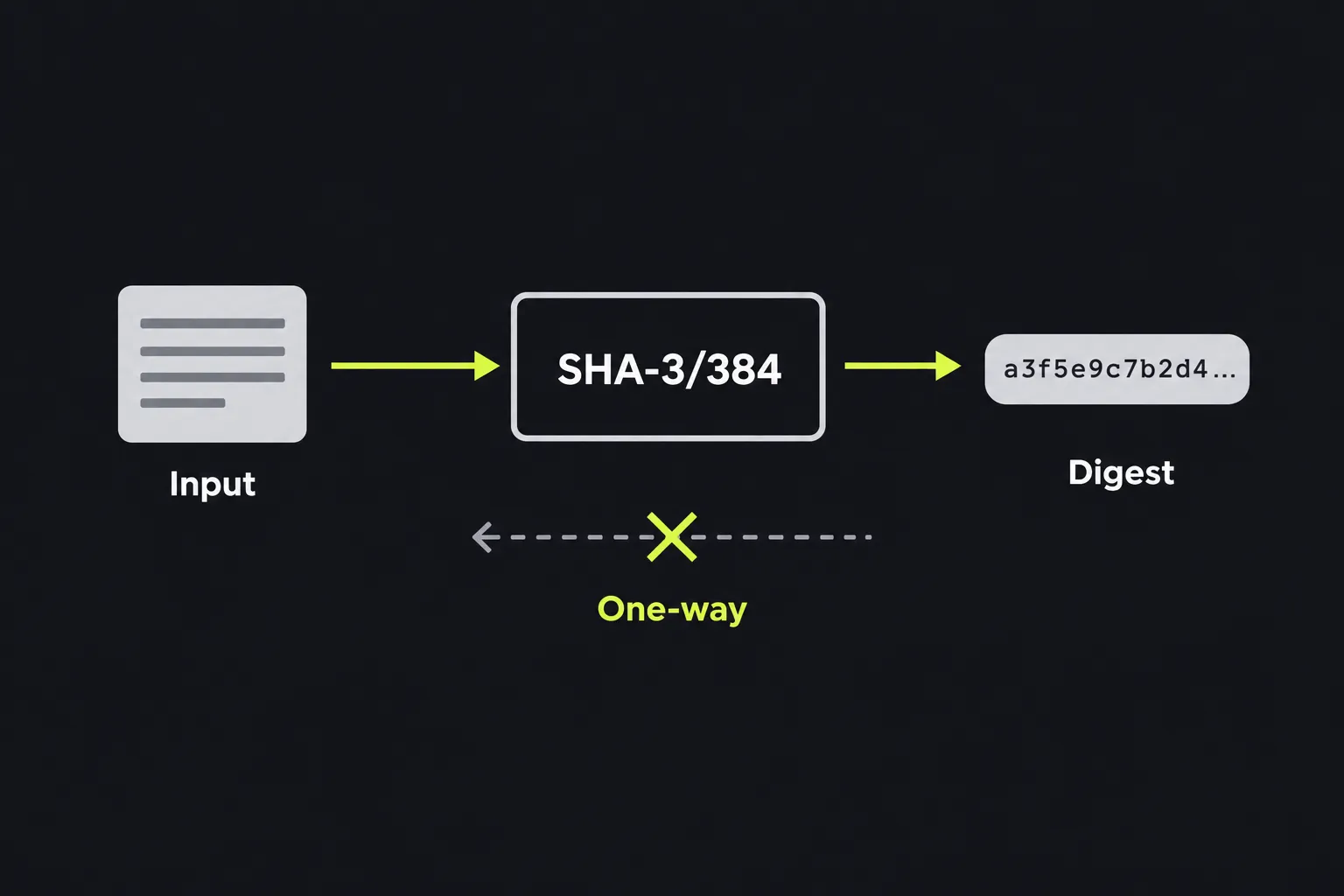 Diagram showing input text passing through the SHA-3/384 function to produce a fixed-length digest that cannot be reversed
