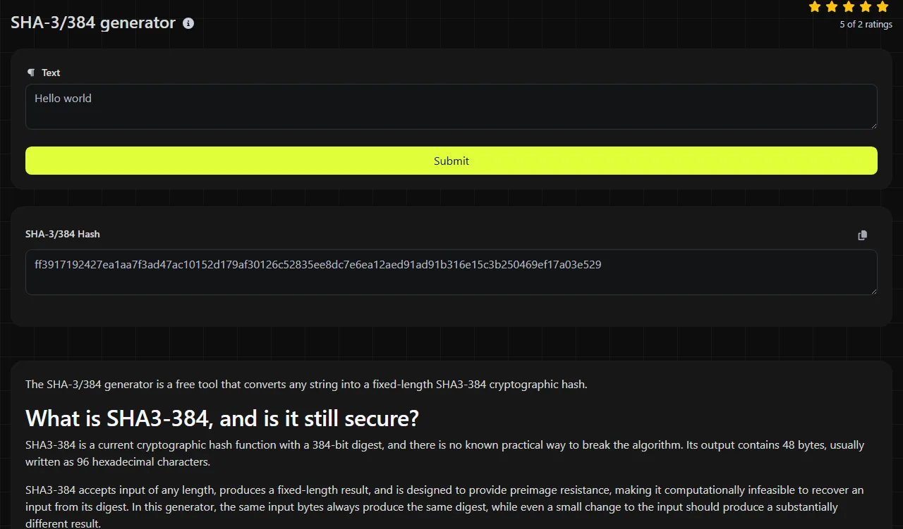 Example result produced by the SHA-3/384 generator tool