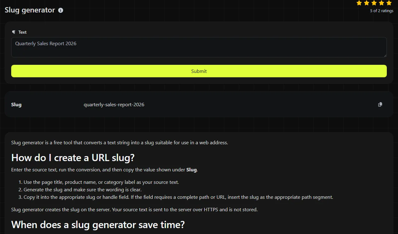 Example result produced by the Slug generator tool