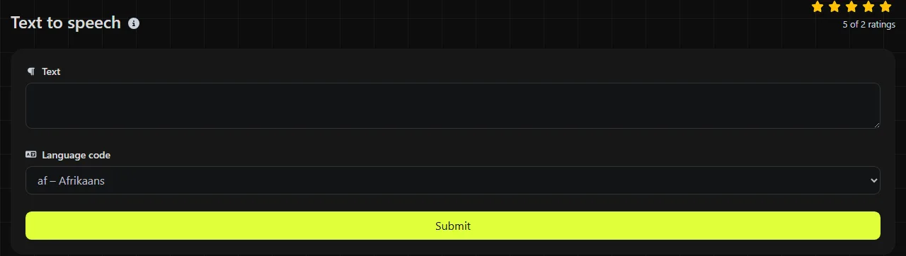 The Text to speech tool on digily.link, showing its input form