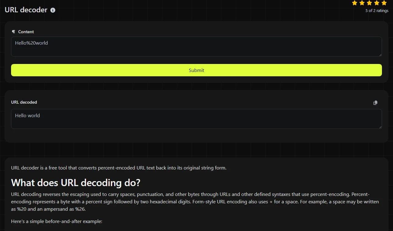 Example result produced by the URL decoder tool