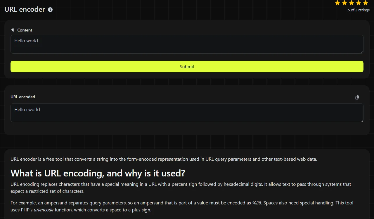 Example result produced by the URL encoder tool