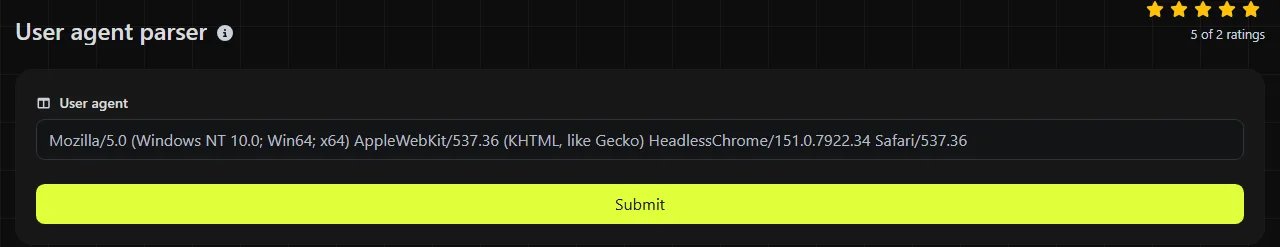 The User agent parser tool on digily.link, showing its input form