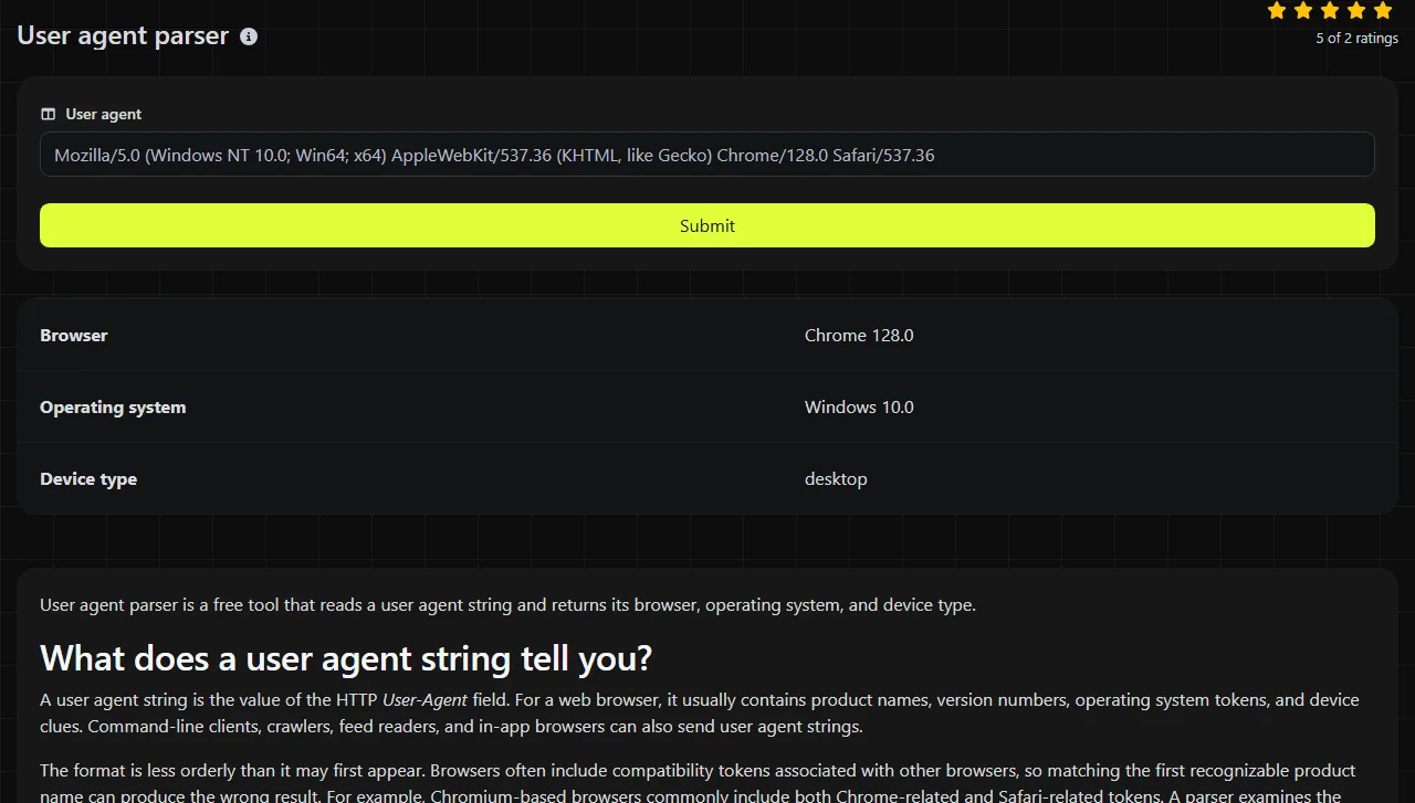 Example result produced by the User agent parser tool