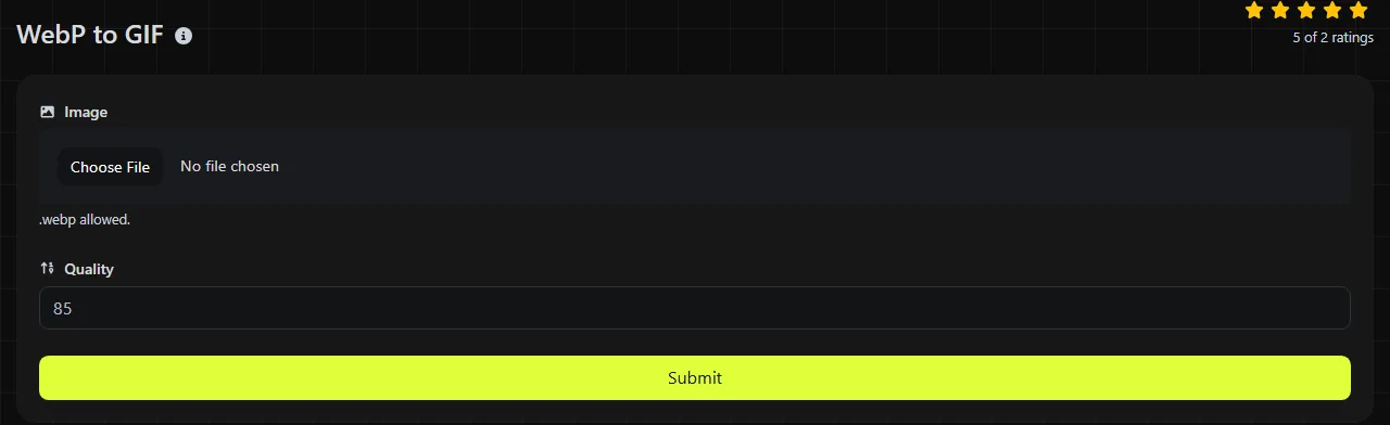 The WebP to GIF tool on digily.link, showing its input form