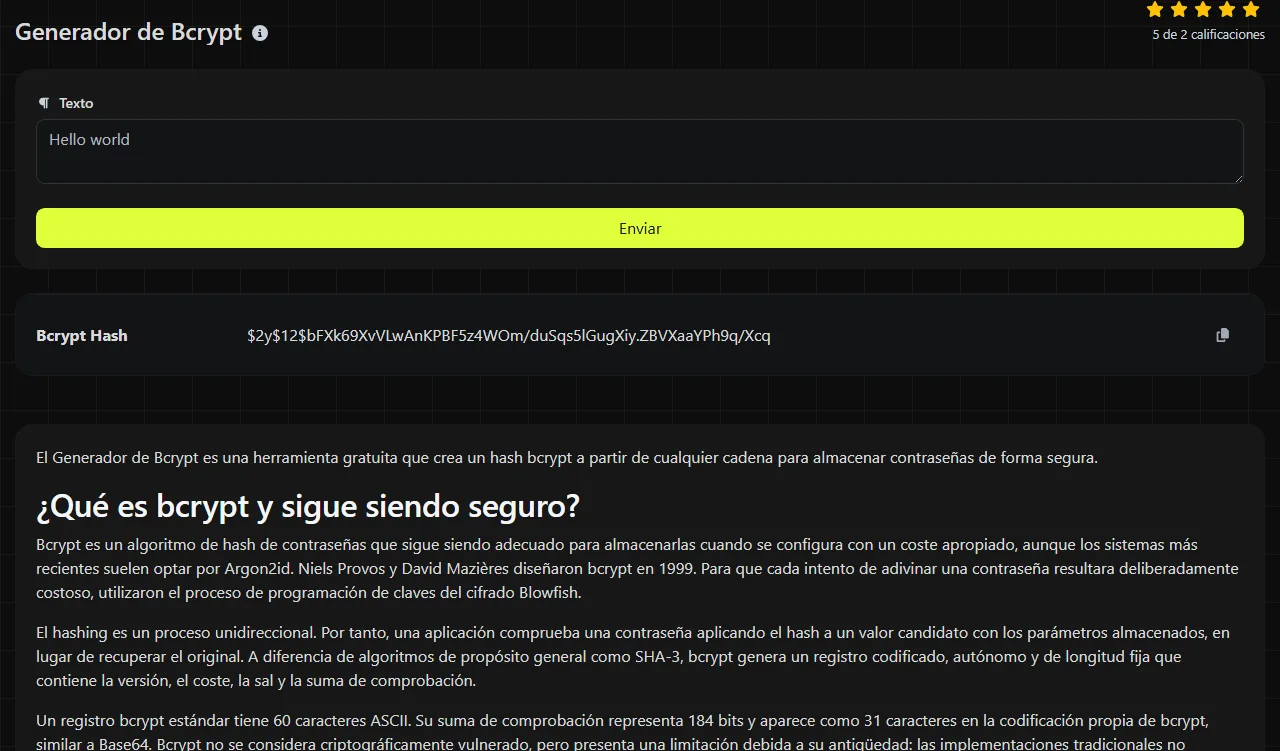 Ejemplo de resultado generado por la herramienta Generador de Bcrypt