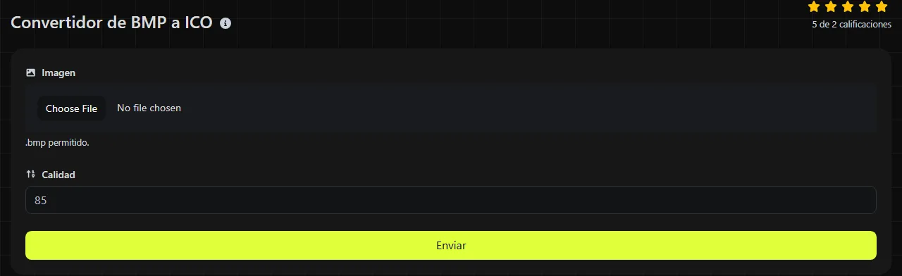 La herramienta Convertidor de BMP a ICO en digily.link, con su formulario de entrada