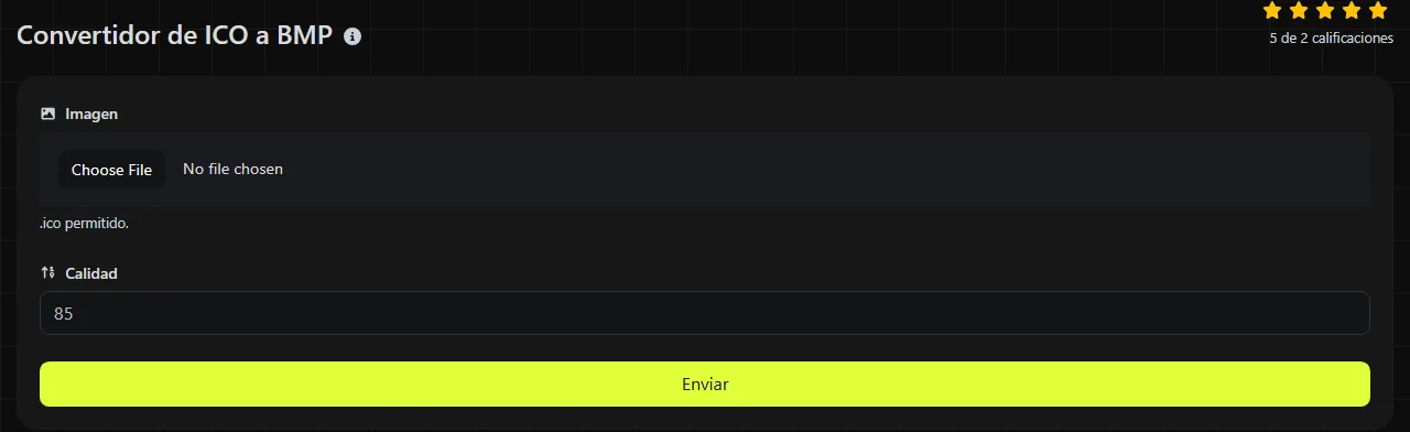 La herramienta Convertidor de ICO a BMP en digily.link, con su formulario de entrada