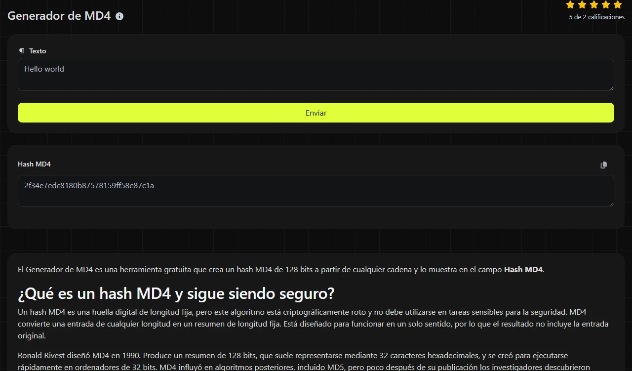 Ejemplo de resultado generado por la herramienta Generador de MD4