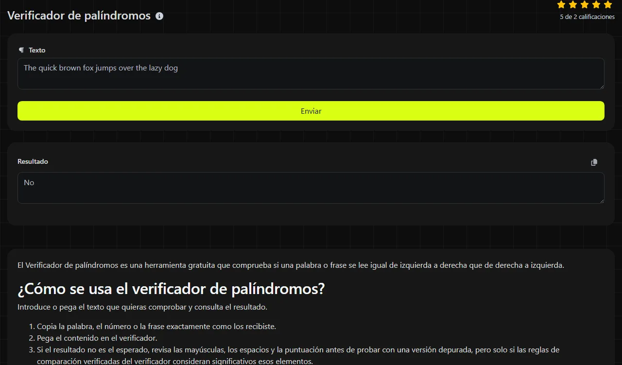 Ejemplo de resultado generado por la herramienta Verificador de palíndromos